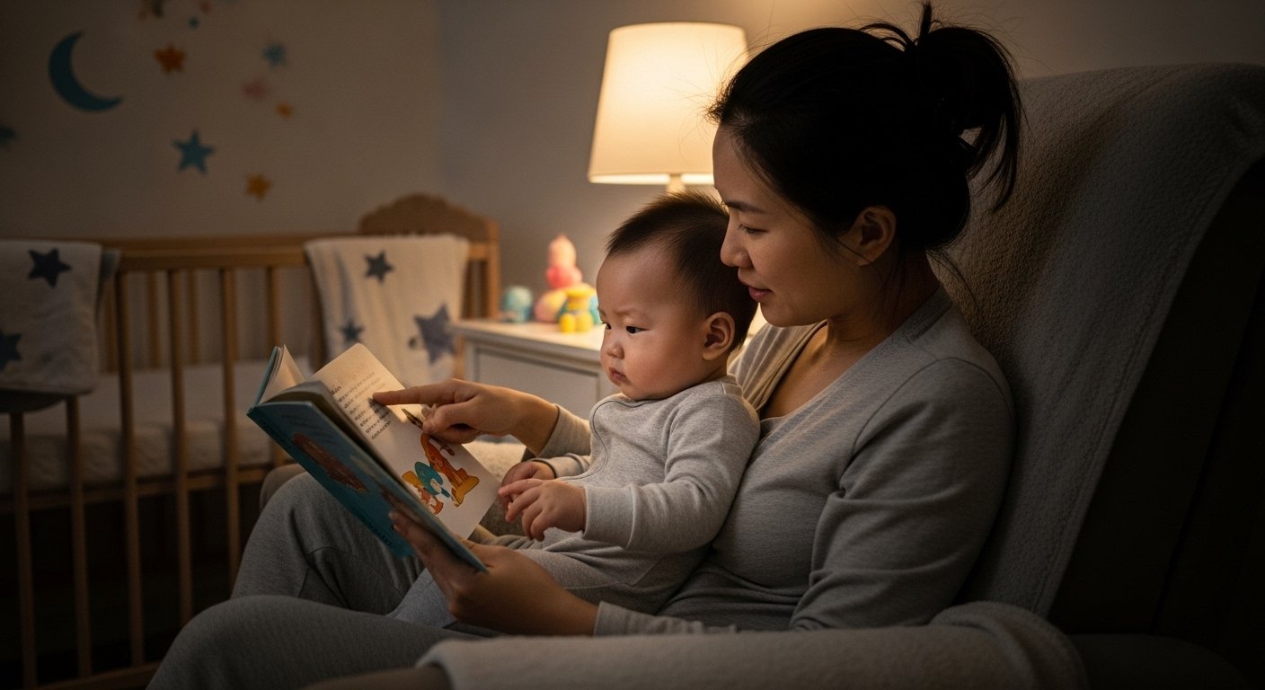 Mum reading a book to baby during bedtime routine at home