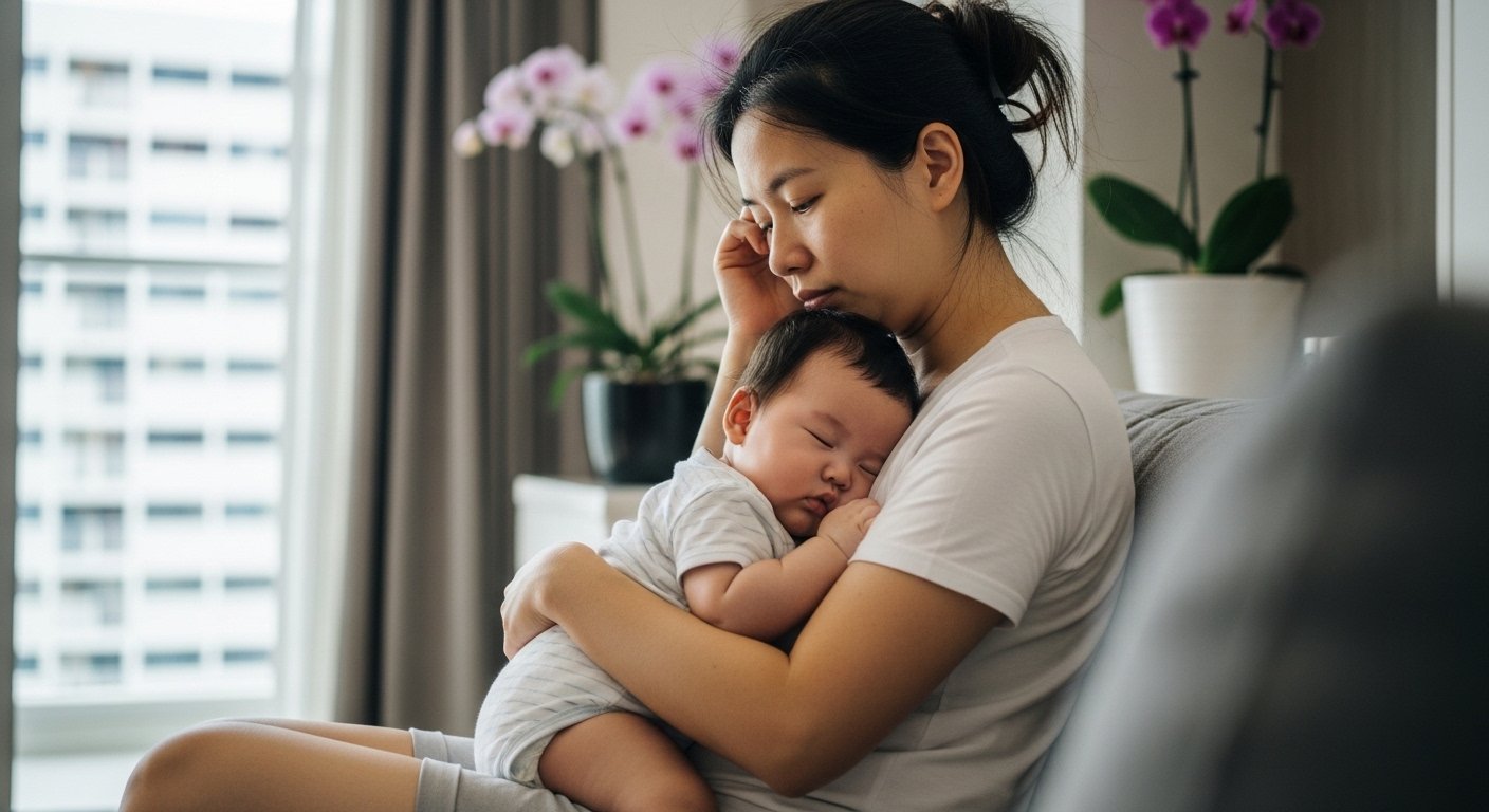 sleep deprived mother holding baby after short nap