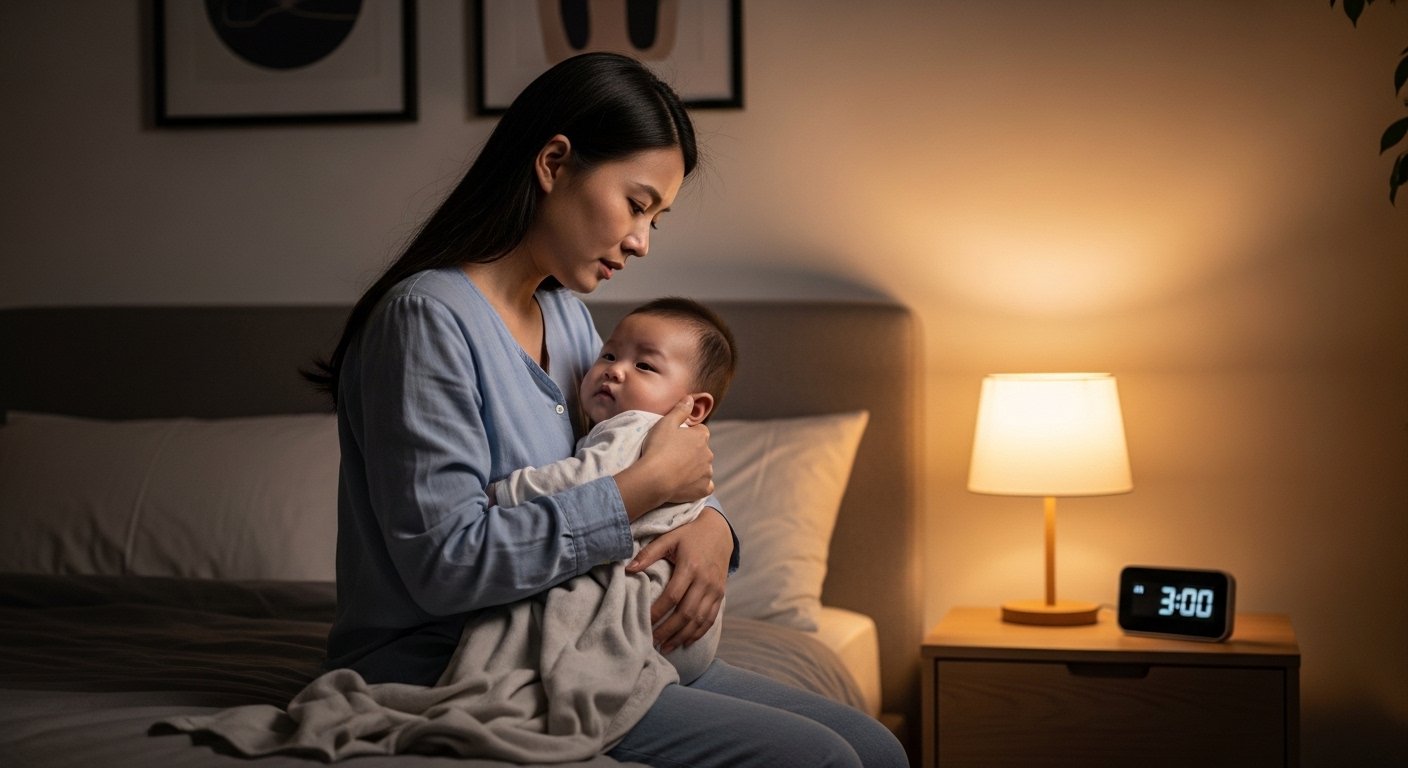tired mother holding baby awake at night frequent night wakings